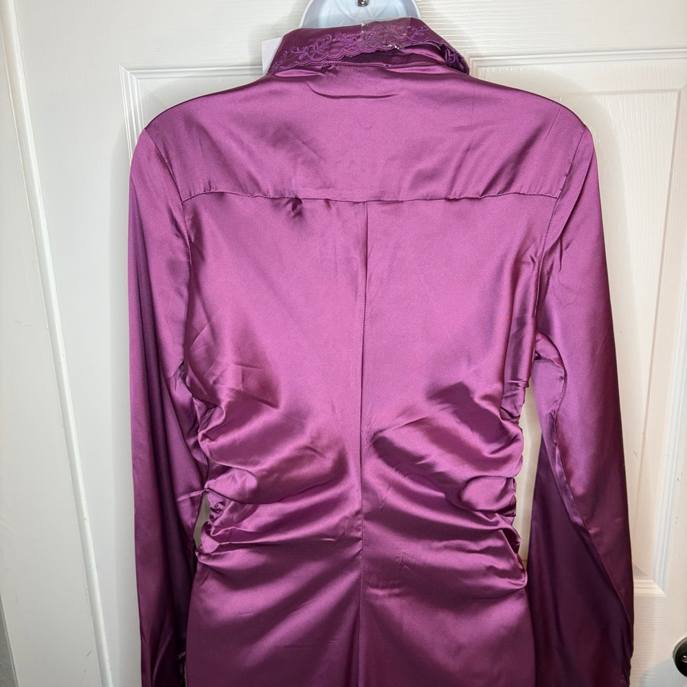 Jacque the Label Sylvie Satin Button Midi Shirt Dress Ruched Purple Plum M NWT - Picture 7 of 9